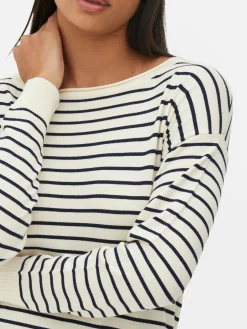 Camisola Malha Fina Decote Barco Riscas