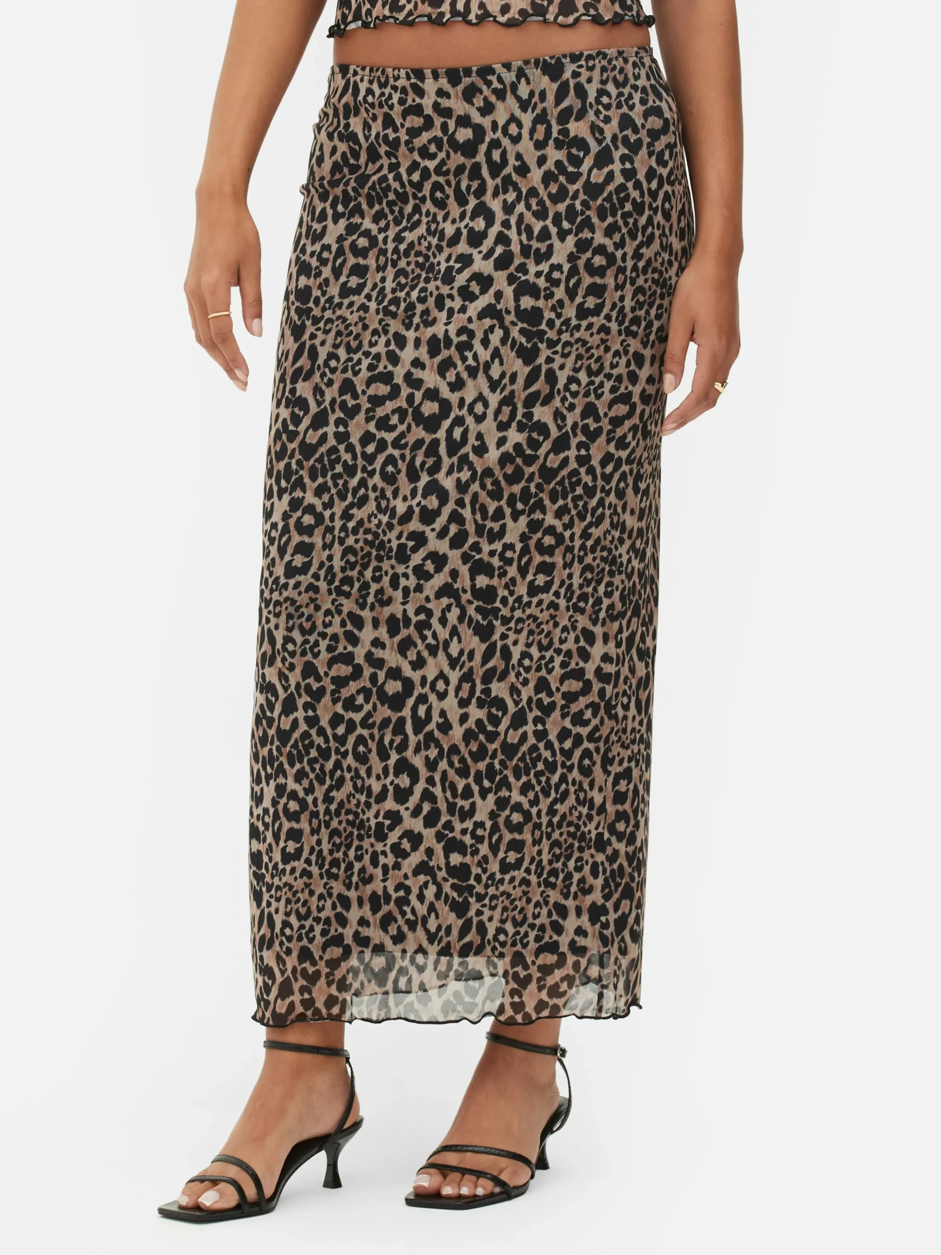 Saia Midi Coordenada Sobreposição Malha Padrão Leopardo