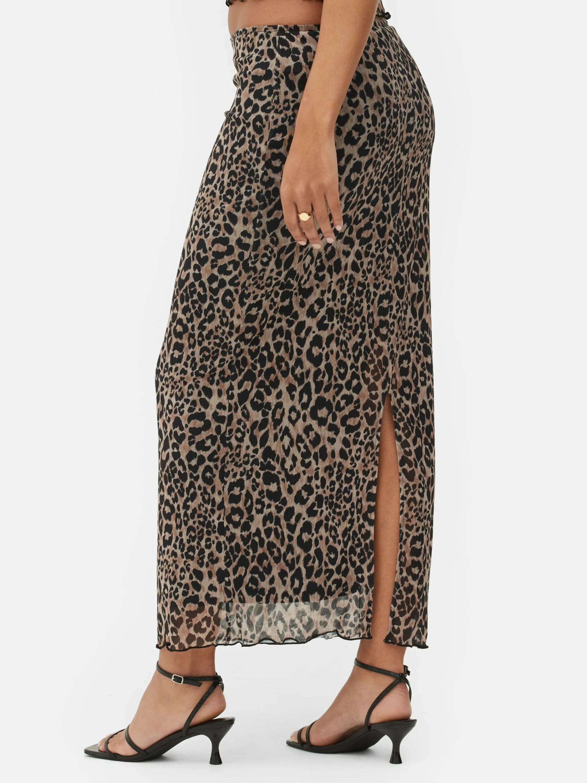 Saia Midi Coordenada Sobreposição Malha Padrão Leopardo