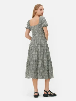 Vestido Midi Camadas Manga Balão Guingão